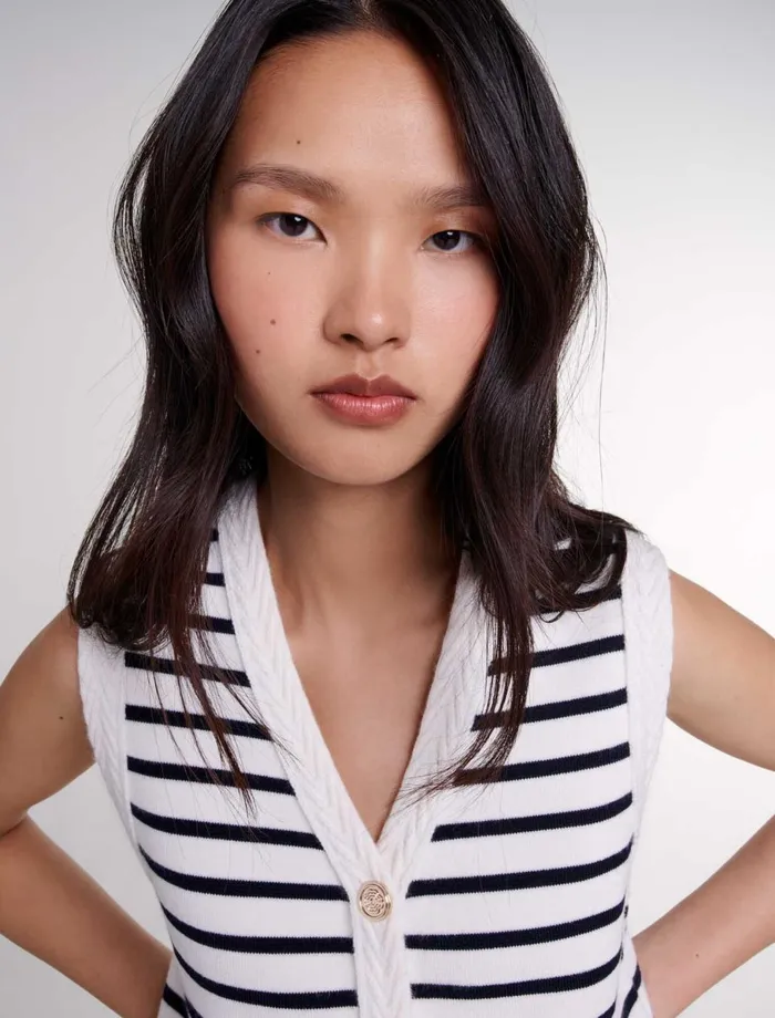 Sweaters and Cardigans Women Maje Sleeveless Striped Cardigan Navy Ecru