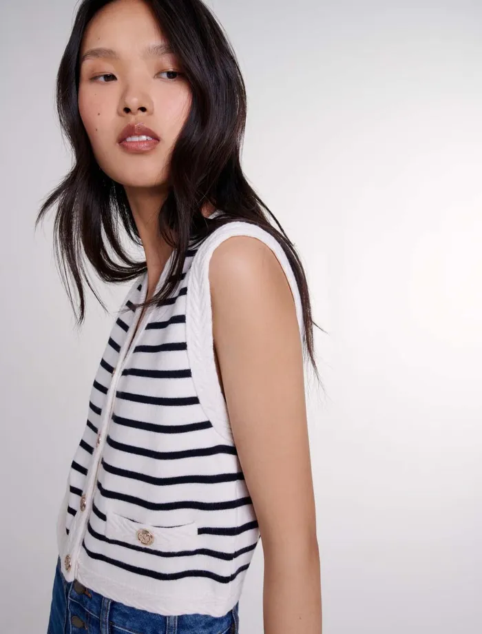 Sweaters and Cardigans Women Maje Sleeveless Striped Cardigan Navy Ecru