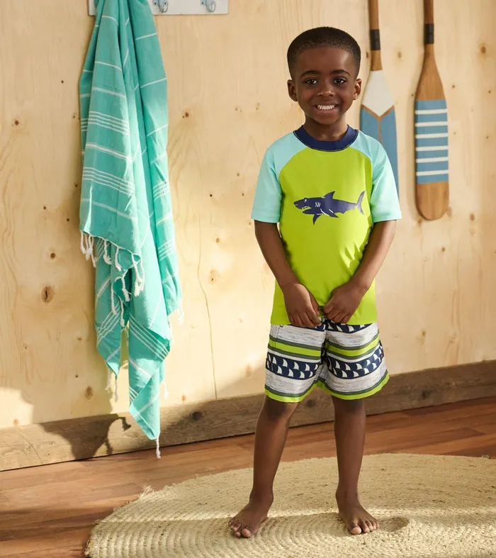 Swimwear Boys Hatley Boys Lime Green Shark Short Sleeve Rashguard
