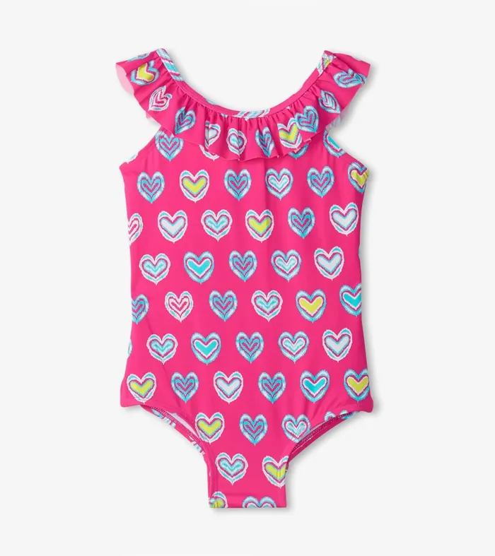 Swimwear Girls Hatley Girls Pink Shibori Hearts Ruffle Sleeve Swimsuit