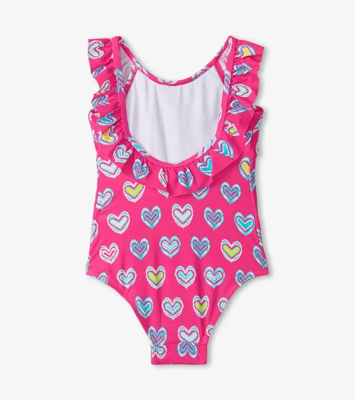Swimwear Girls Hatley Girls Pink Shibori Hearts Ruffle Sleeve Swimsuit