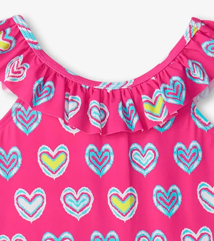 Swimwear Girls Hatley Girls Pink Shibori Hearts Ruffle Sleeve Swimsuit
