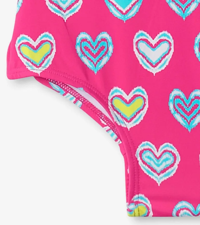 Swimwear Girls Hatley Girls Pink Shibori Hearts Ruffle Sleeve Swimsuit