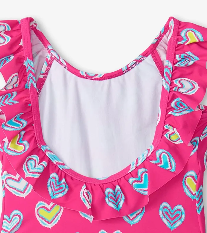 Swimwear Girls Hatley Girls Pink Shibori Hearts Ruffle Sleeve Swimsuit