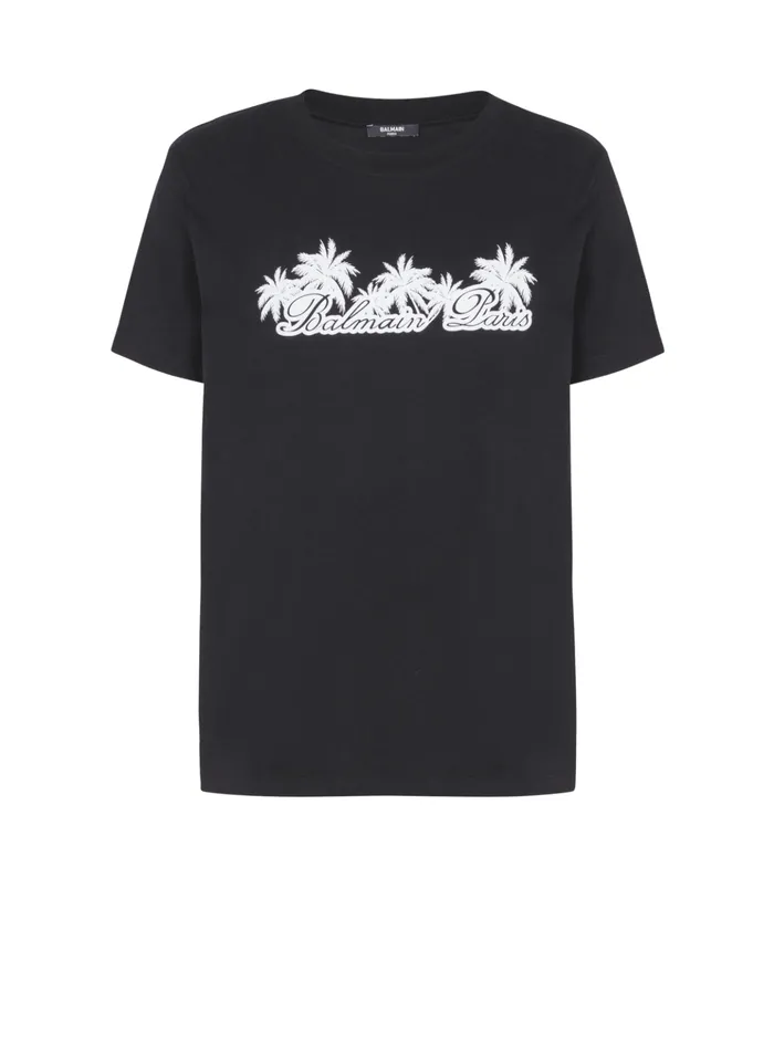 Tshirt With Palm Tree Signature Print Black Men Balmain TShirts