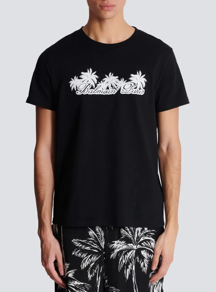 Tshirt With Palm Tree Signature Print Black Men Balmain TShirts