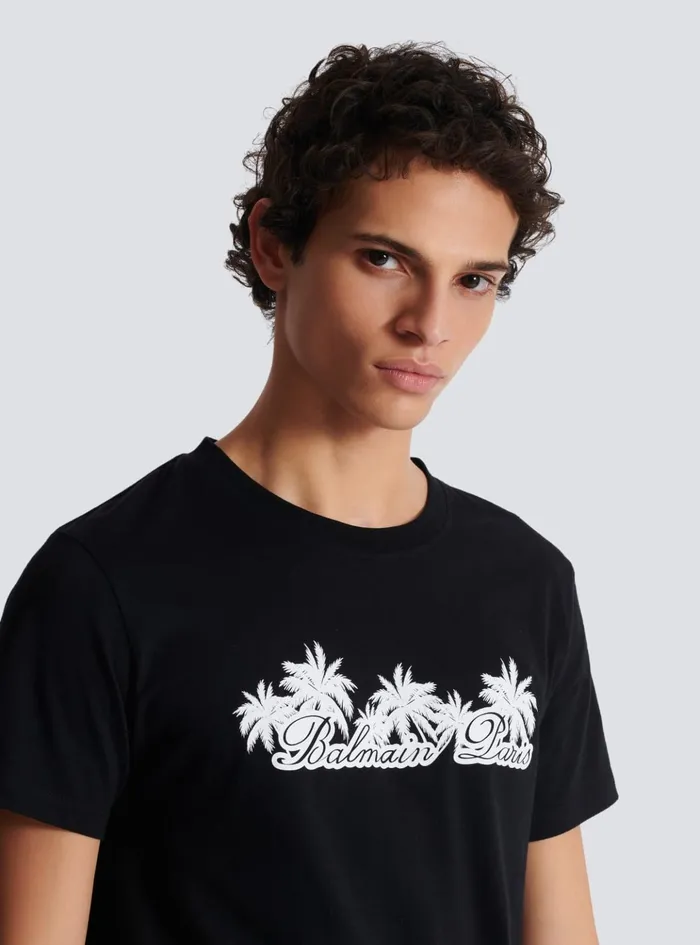 Tshirt With Palm Tree Signature Print Black Men Balmain TShirts