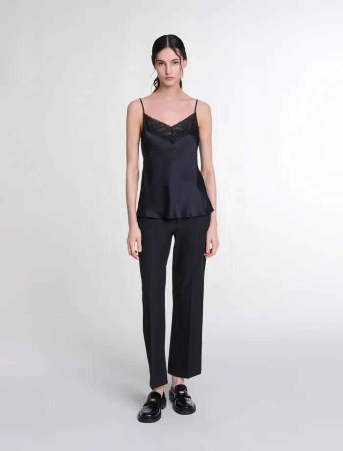 Tops and Shirts Women Maje Silk Satin And Lace Top Black