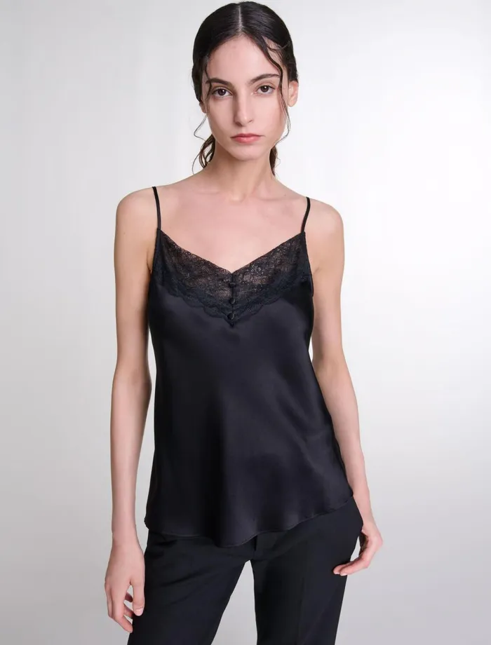 Tops and Shirts Women Maje Silk Satin And Lace Top Black