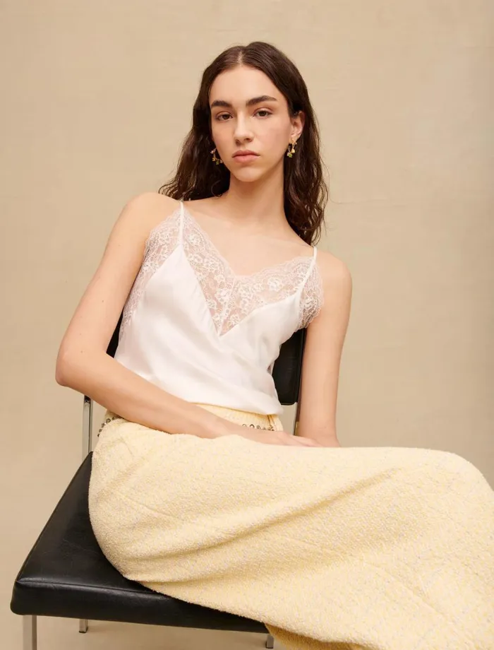 Tops and Shirts Women Maje Silk Satin And Lace Top Ecru Tops and Shirts Women Maje Silk Satin And Lace Top Ecru