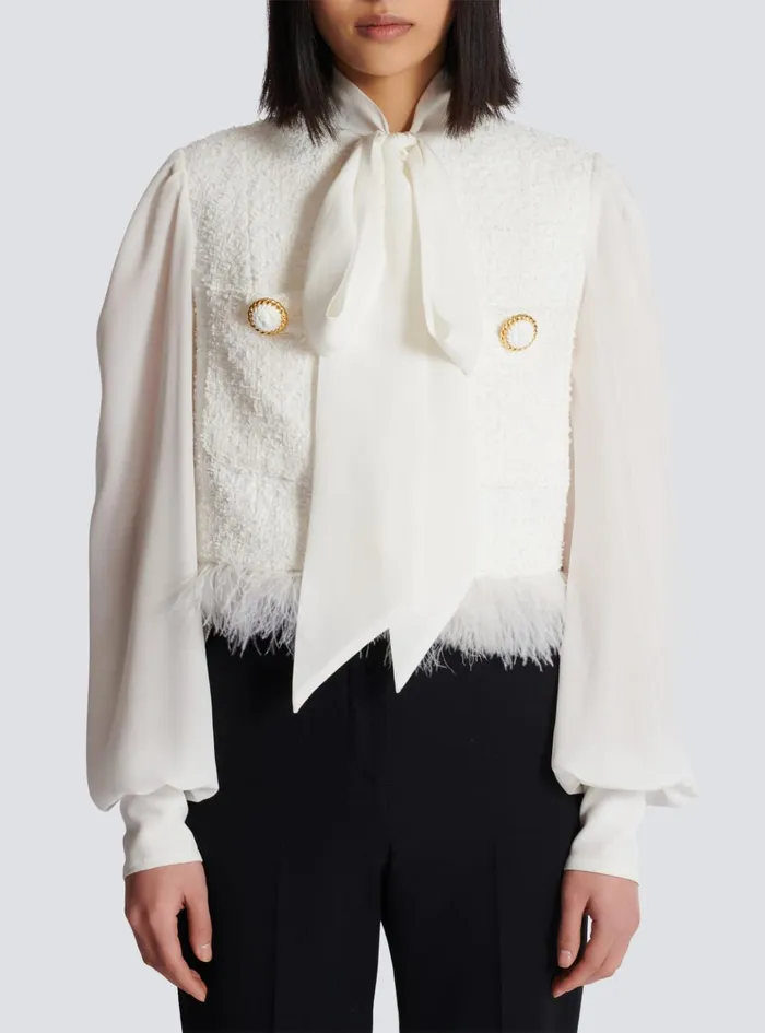 Tweed And Crepe Jacket White Women Balmain Jackets And Blazers