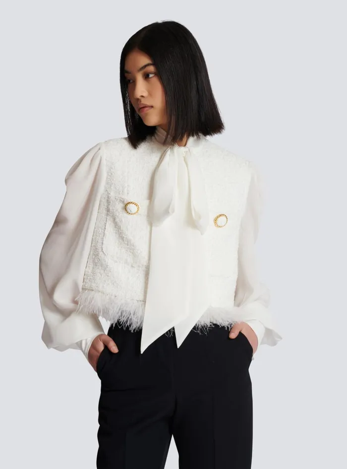 Tweed And Crepe Jacket White Women Balmain Jackets And Blazers