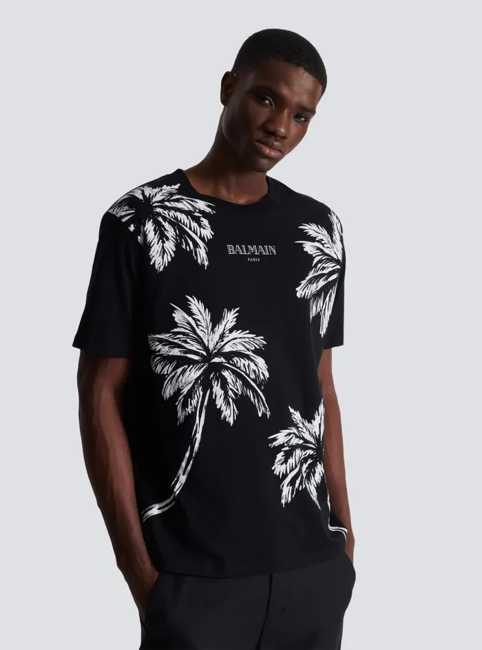 Vintage Tshirt With Palm Tree Print Black Men Balmain TShirts