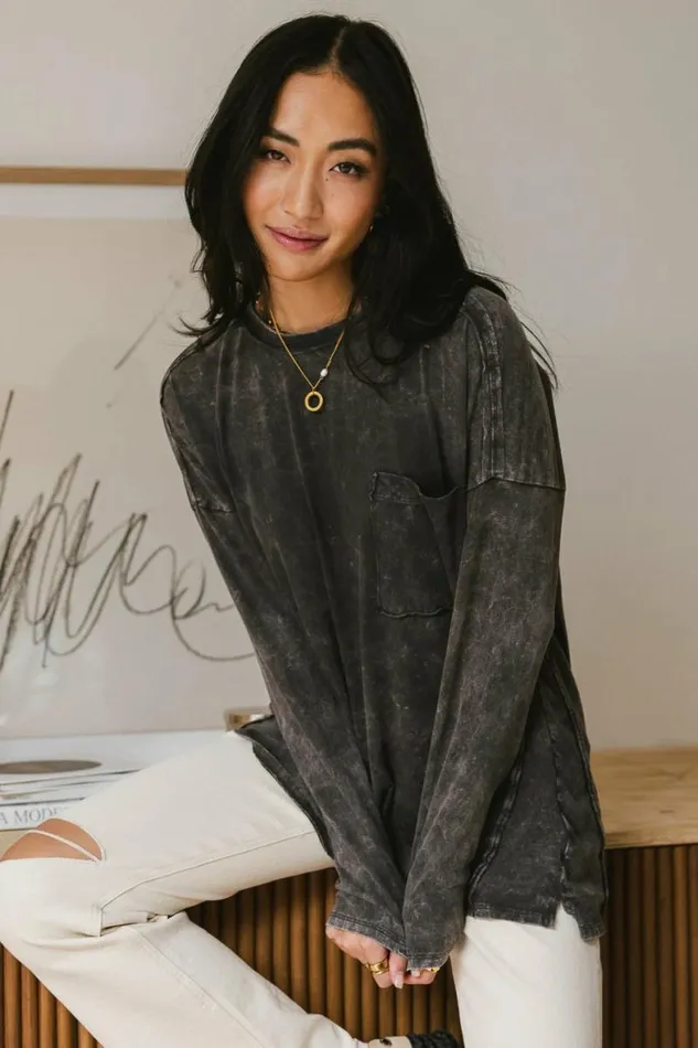 Washed Oversized Knit Top In Black Black Women Bohme Tees and Tanks