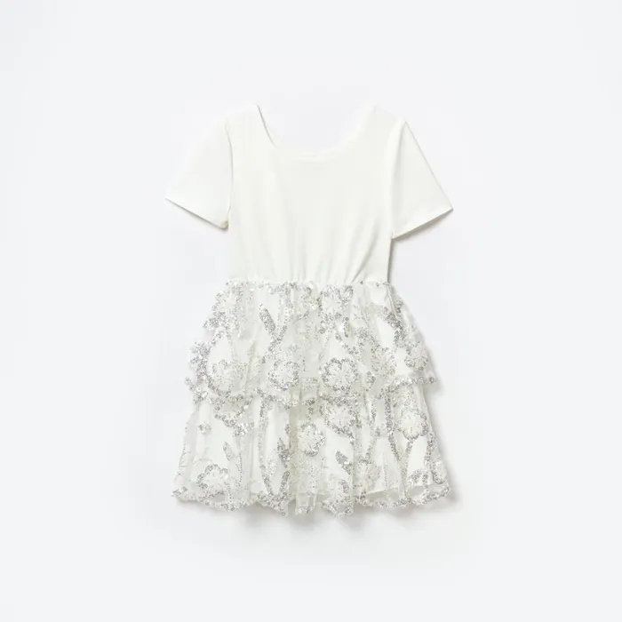 White Jersey Sequin Tulle Mini Dress Women Self Portrait Flower Girl