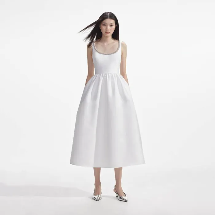 White Taffeta Diamante Midi Dress Women Self Portrait Dresses