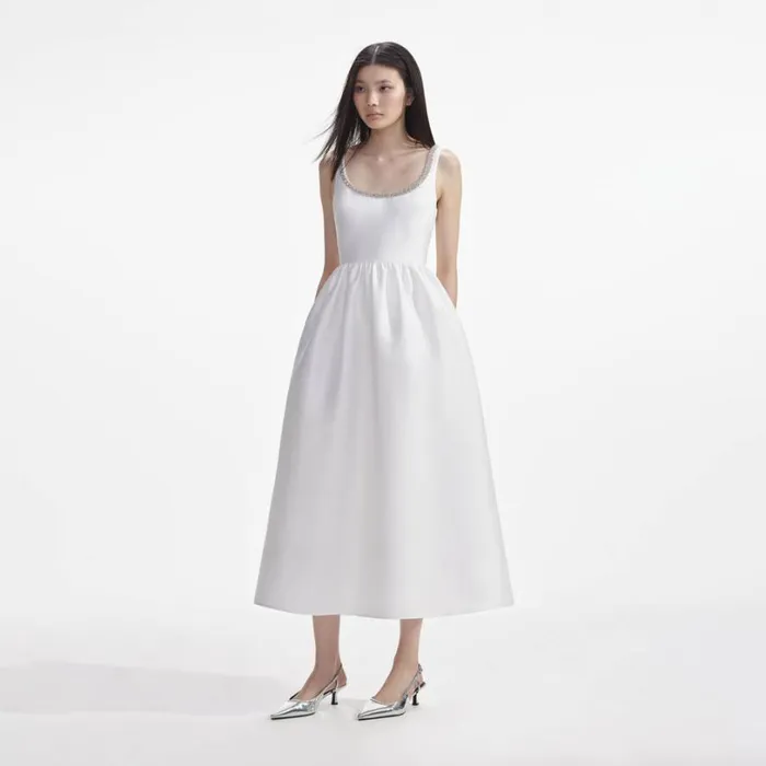 White Taffeta Diamante Midi Dress Women Self Portrait Dresses