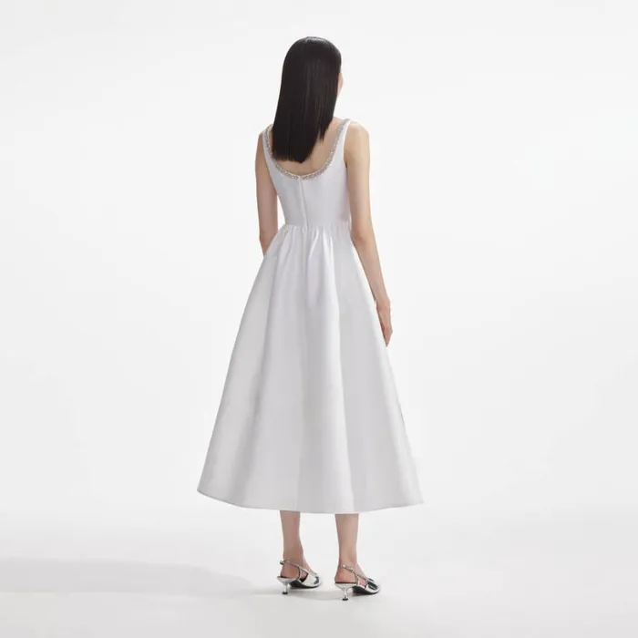 White Taffeta Diamante Midi Dress Women Self Portrait Dresses