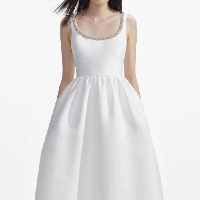 White Taffeta Diamante Midi Dress Women Self Portrait Dresses
