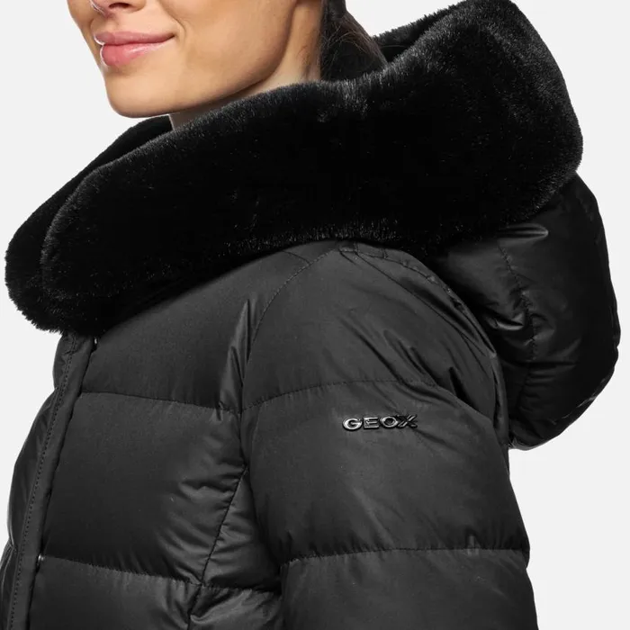 Woman Geox Down Jackets DIAMOND WOMAN Black Fulllength Quilted Coat Black