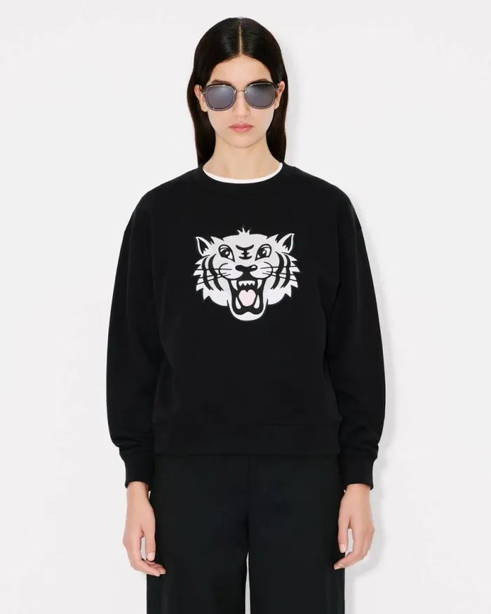 Women 039KENZO Happy Tiger039 Embroidered Sweatshirt In Cotton Black Kenzo Sweatshirts And Hoodies