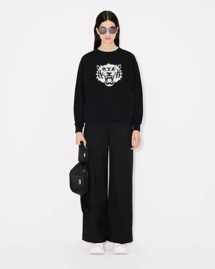 Women 039KENZO Happy Tiger039 Embroidered Sweatshirt In Cotton Black Kenzo Sweatshirts And Hoodies
