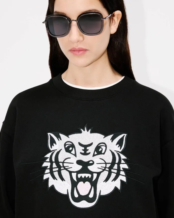 Women 039KENZO Happy Tiger039 Embroidered Sweatshirt In Cotton Black Kenzo Sweatshirts And Hoodies