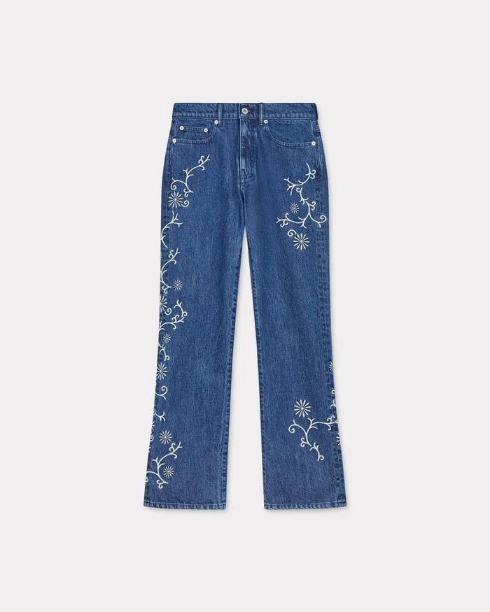 Women 039KENZO Marguerite039 BARA Cropped Embroidered Jeans In Japanese Denim Medium Stone Blue Denim Kenzo Denim