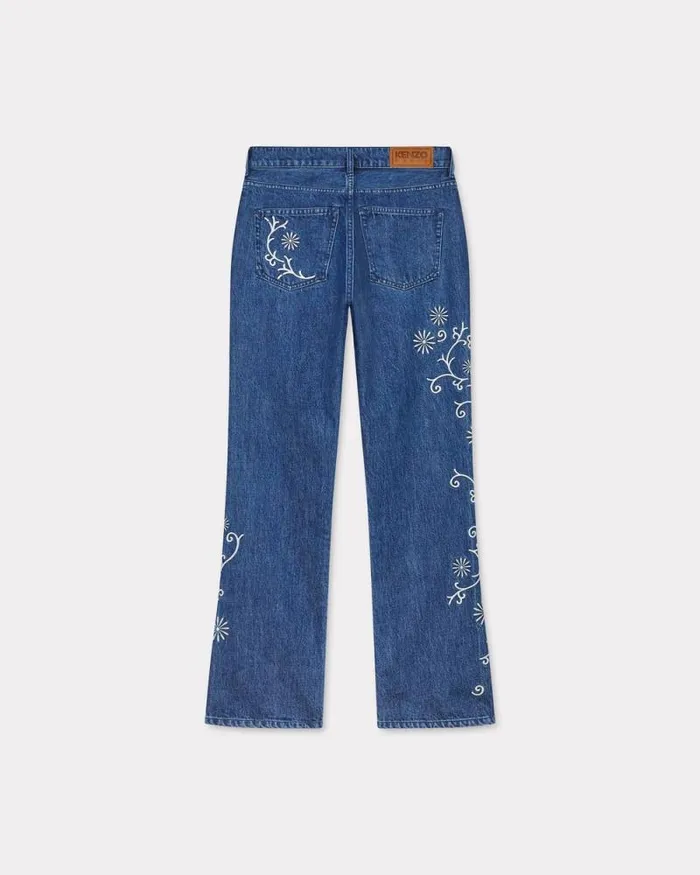Women 039KENZO Marguerite039 BARA Cropped Embroidered Jeans In Japanese Denim Medium Stone Blue Denim Kenzo Denim