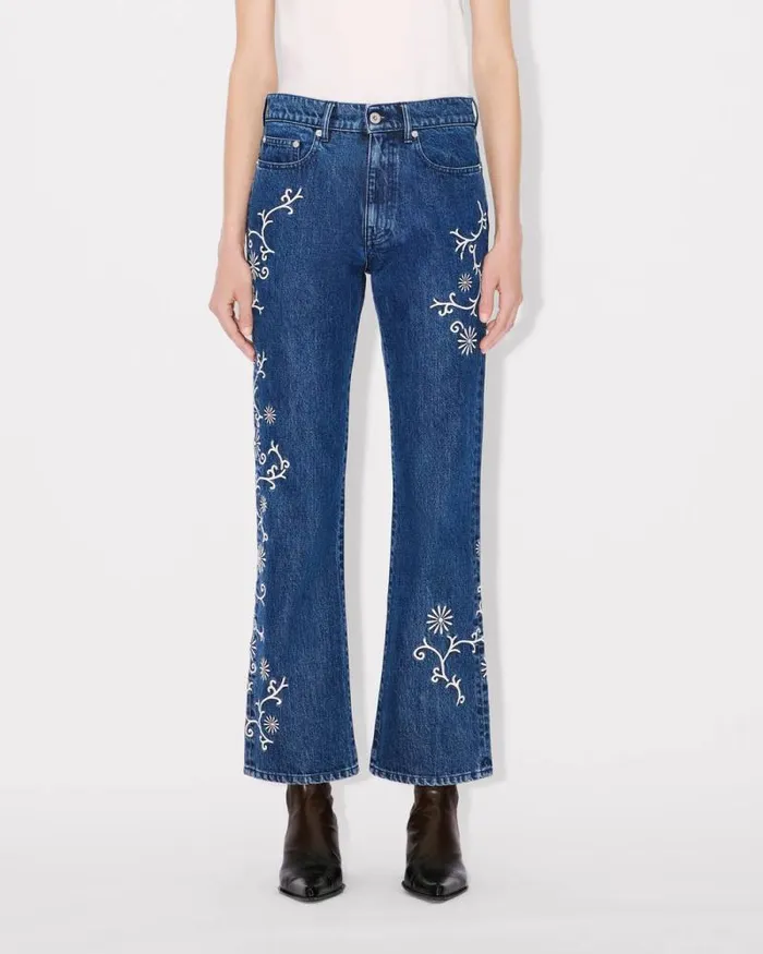 Women 039KENZO Marguerite039 BARA Cropped Embroidered Jeans In Japanese Denim Medium Stone Blue Denim Kenzo Denim