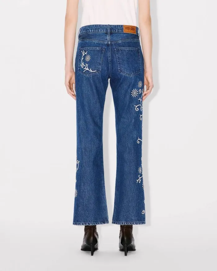 Women 039KENZO Marguerite039 BARA Cropped Embroidered Jeans In Japanese Denim Medium Stone Blue Denim Kenzo Denim