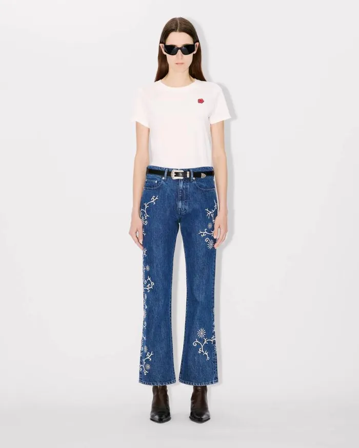 Women 039KENZO Marguerite039 BARA Cropped Embroidered Jeans In Japanese Denim Medium Stone Blue Denim Kenzo Denim