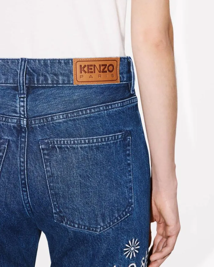 Women 039KENZO Marguerite039 BARA Cropped Embroidered Jeans In Japanese Denim Medium Stone Blue Denim Kenzo Denim