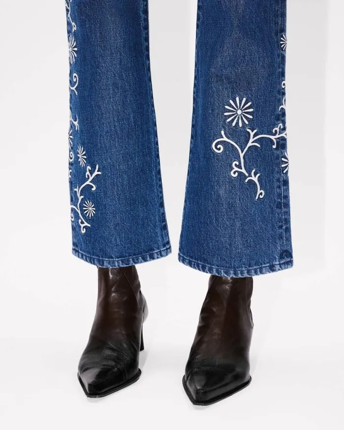 Women 039KENZO Marguerite039 BARA Cropped Embroidered Jeans In Japanese Denim Medium Stone Blue Denim Kenzo Denim