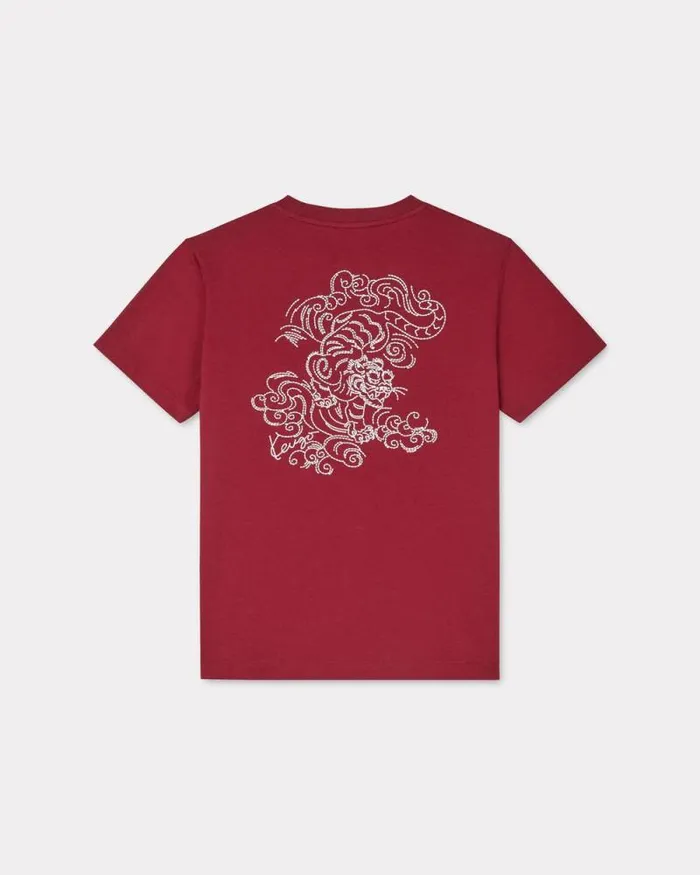 Women 039KENZO Star Tiger039 Embroidered Loose Tshirt In Cotton Bordeaux Kenzo Tshirts And Polos