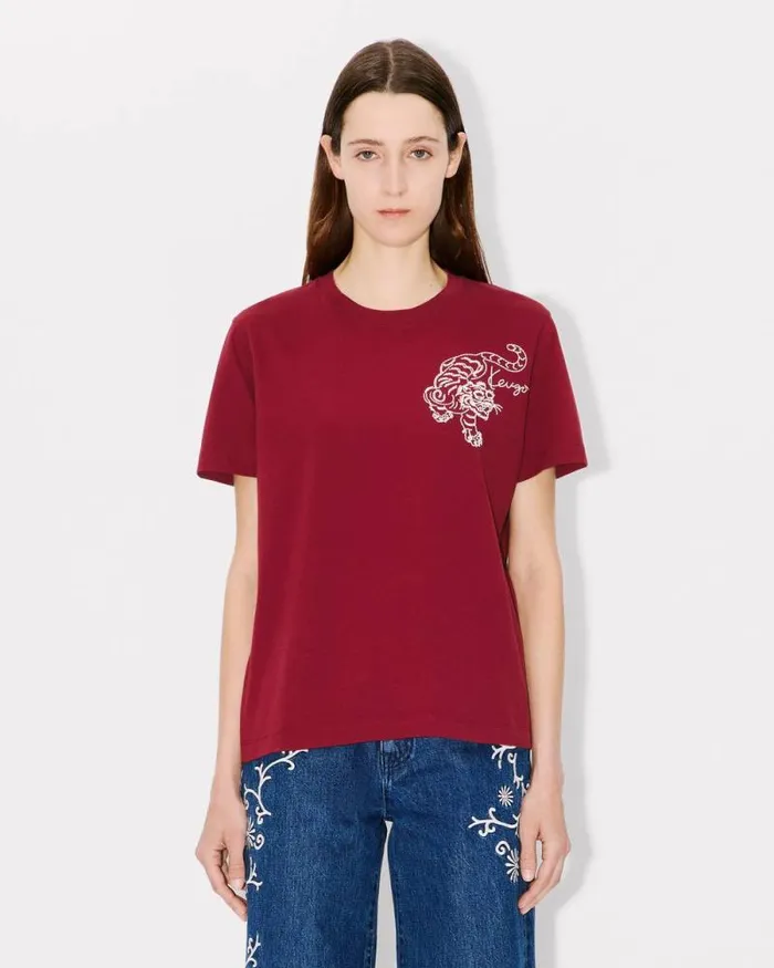 Women 039KENZO Star Tiger039 Embroidered Loose Tshirt In Cotton Bordeaux Kenzo Tshirts And Polos