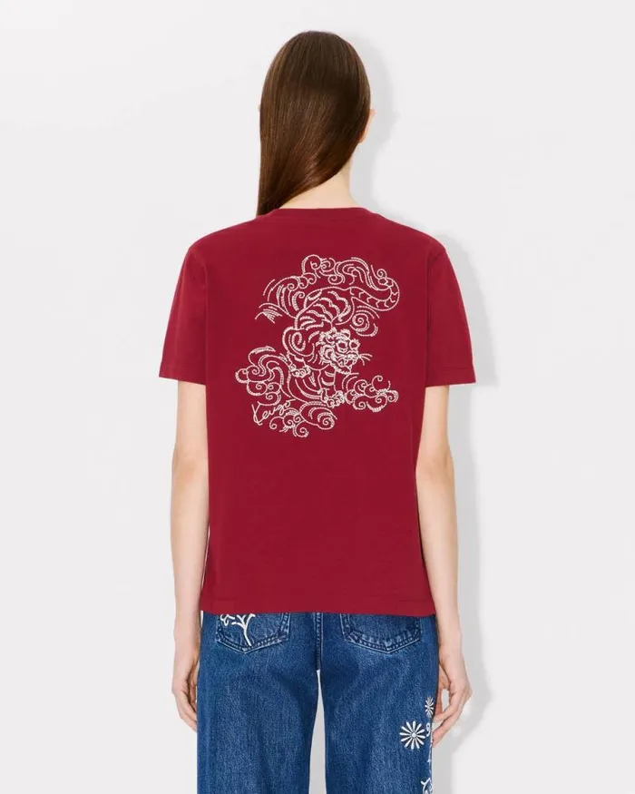 Women 039KENZO Star Tiger039 Embroidered Loose Tshirt In Cotton Bordeaux Kenzo Tshirts And Polos