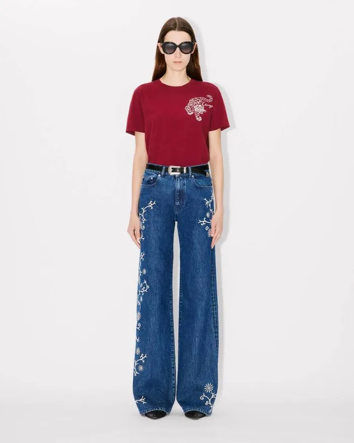 Women 039KENZO Star Tiger039 Embroidered Loose Tshirt In Cotton Bordeaux Kenzo Tshirts And Polos