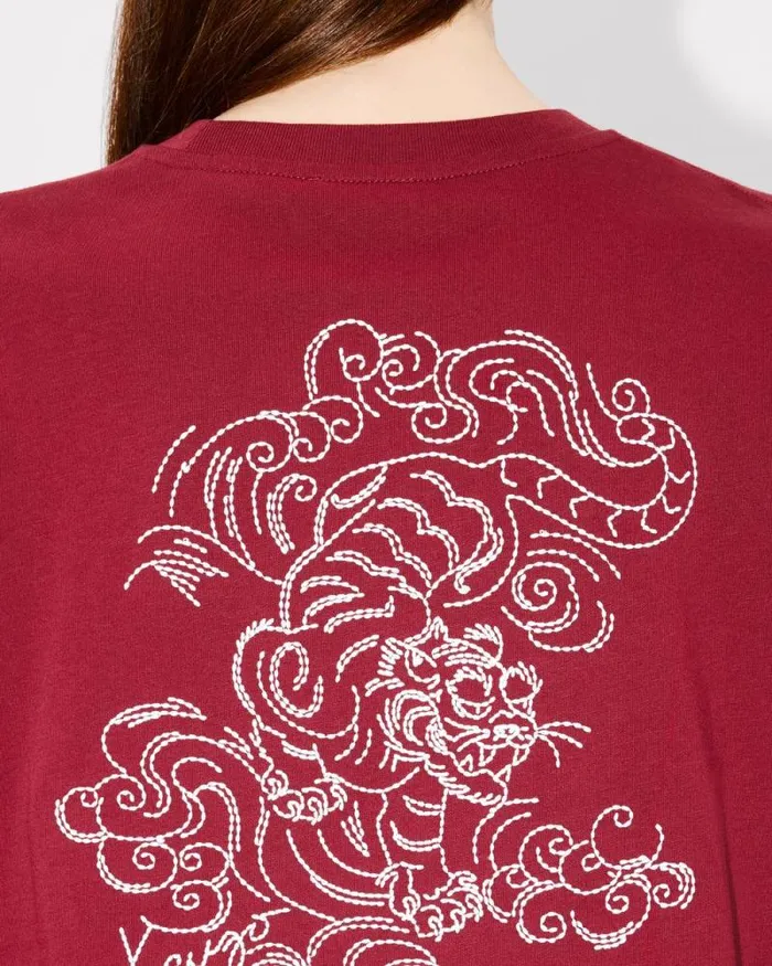 Women 039KENZO Star Tiger039 Embroidered Loose Tshirt In Cotton Bordeaux Kenzo Tshirts And Polos