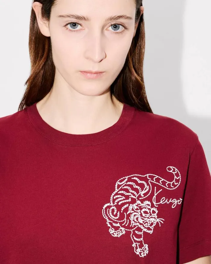 Women 039KENZO Star Tiger039 Embroidered Loose Tshirt In Cotton Bordeaux Kenzo Tshirts And Polos
