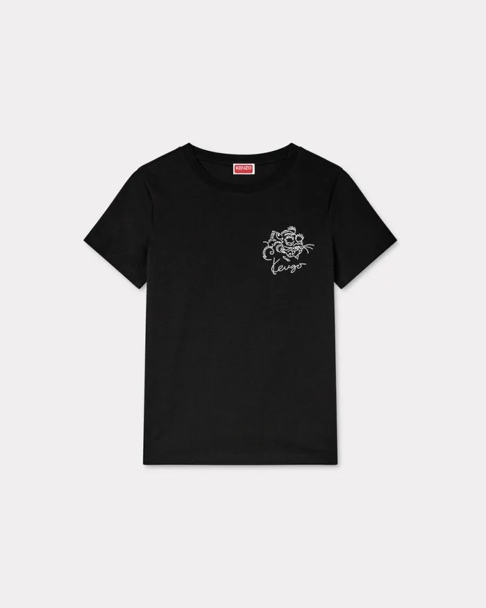 Women 039KENZO Star Tiger039 Embroidered Tshirt In Cotton Black Kenzo Tshirts And Polos