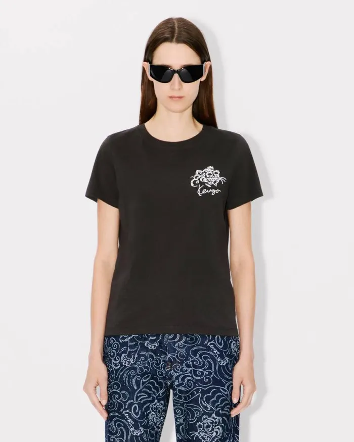Women 039KENZO Star Tiger039 Embroidered Tshirt In Cotton Black Kenzo Tshirts And Polos
