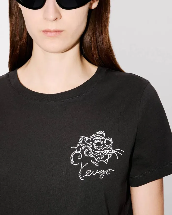 Women 039KENZO Star Tiger039 Embroidered Tshirt In Cotton Black Kenzo Tshirts And Polos
