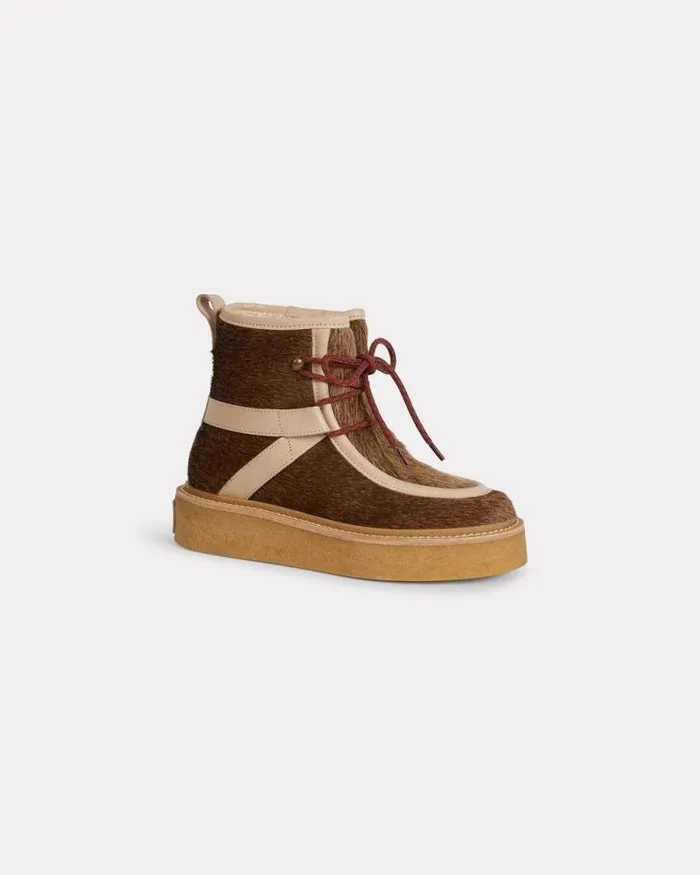 Women 039KENZO Yuki039 Pony Leather Laceup Boots For Women Tabac Kenzo Boots