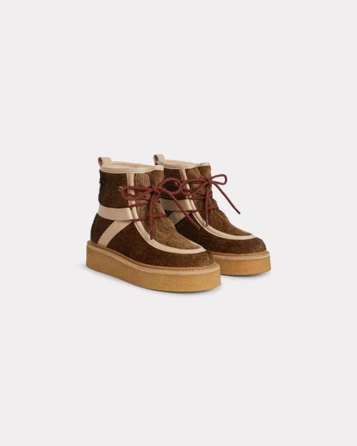 Women 039KENZO Yuki039 Pony Leather Laceup Boots For Women Tabac Kenzo Boots