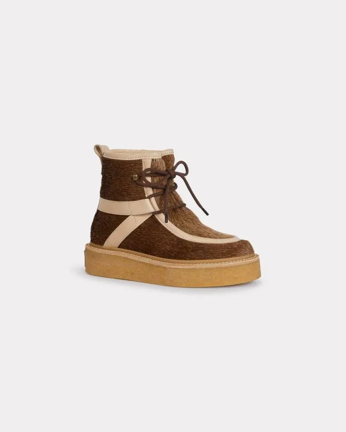 Women 039KENZO Yuki039 Pony Leather Laceup Boots For Women Tabac Kenzo Boots