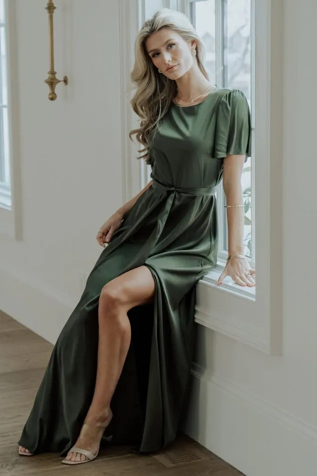 Women Agnes Satin Maxi Dress Juniper Green Baltic Born The Guest Edit