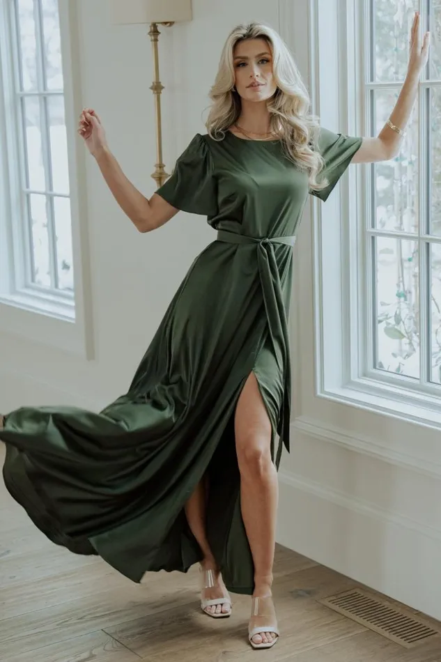 Women Agnes Satin Maxi Dress Juniper Green Baltic Born The Guest Edit