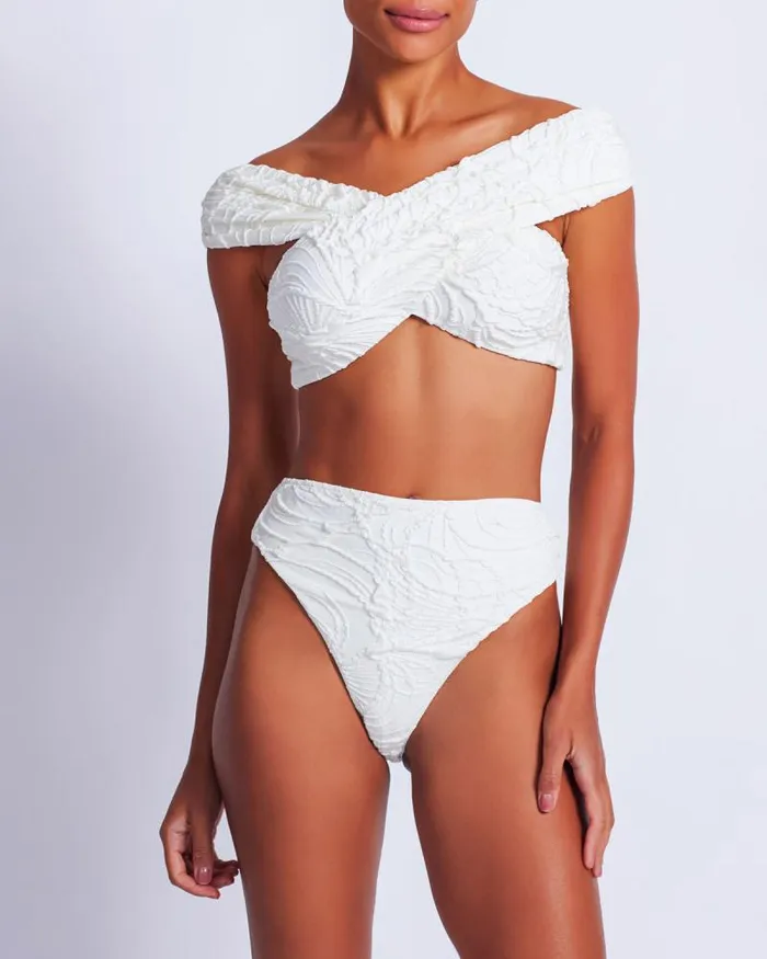 Women Bikinis PatBO Jacquard High Leg Bikini Bottom White