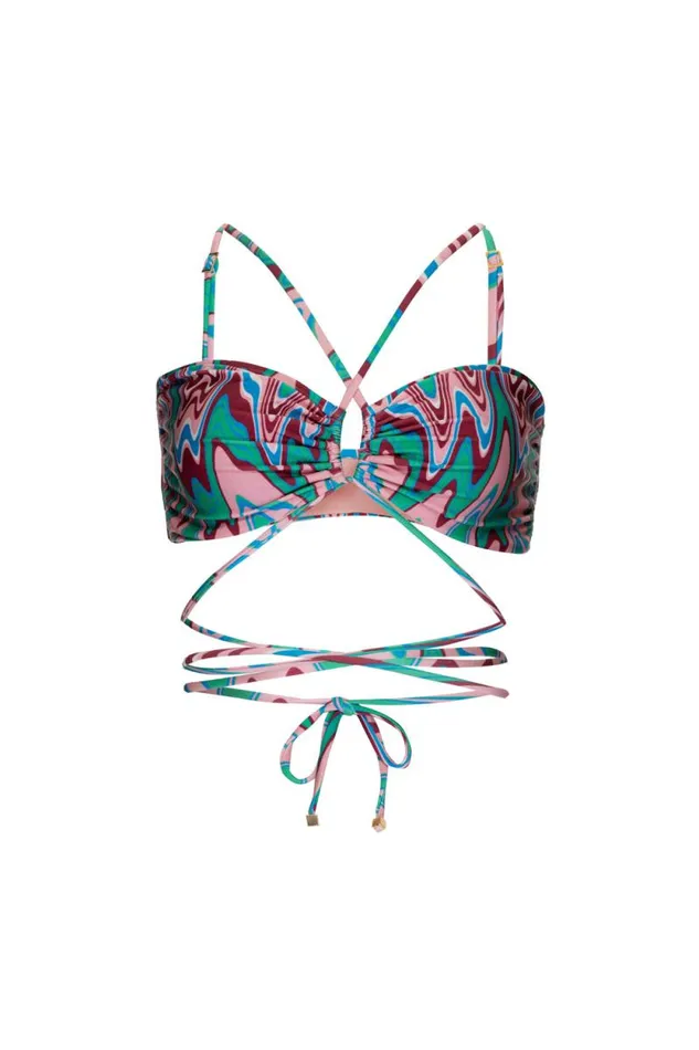 Women Bikinis PatBO Wave Tie Wrap Bikini Top FINAL SALE Green Multi Women Bikinis PatBO Wave Tie Wrap Bikini Top FINAL SALE Green Multi